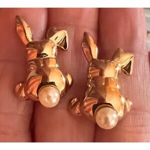Rabbit earrings gold tone faux pearl tail bunny lover Easter pierced signed
